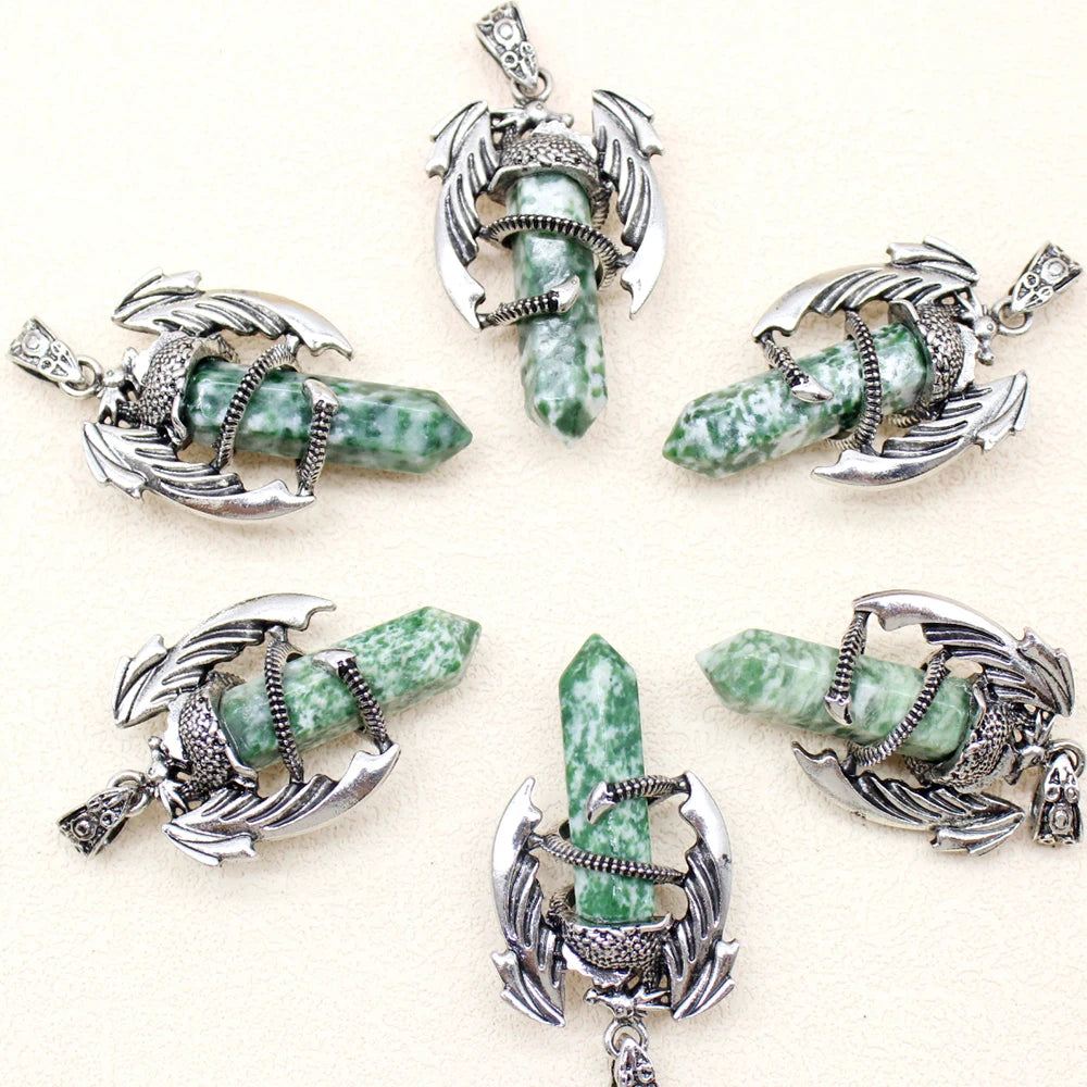 10pcs Animal Dragon Man Pendant Natural Gem Stone Healing Pink Quartz Agates Hexagonal Crystal Pendant Vintage Jewelry for Women
