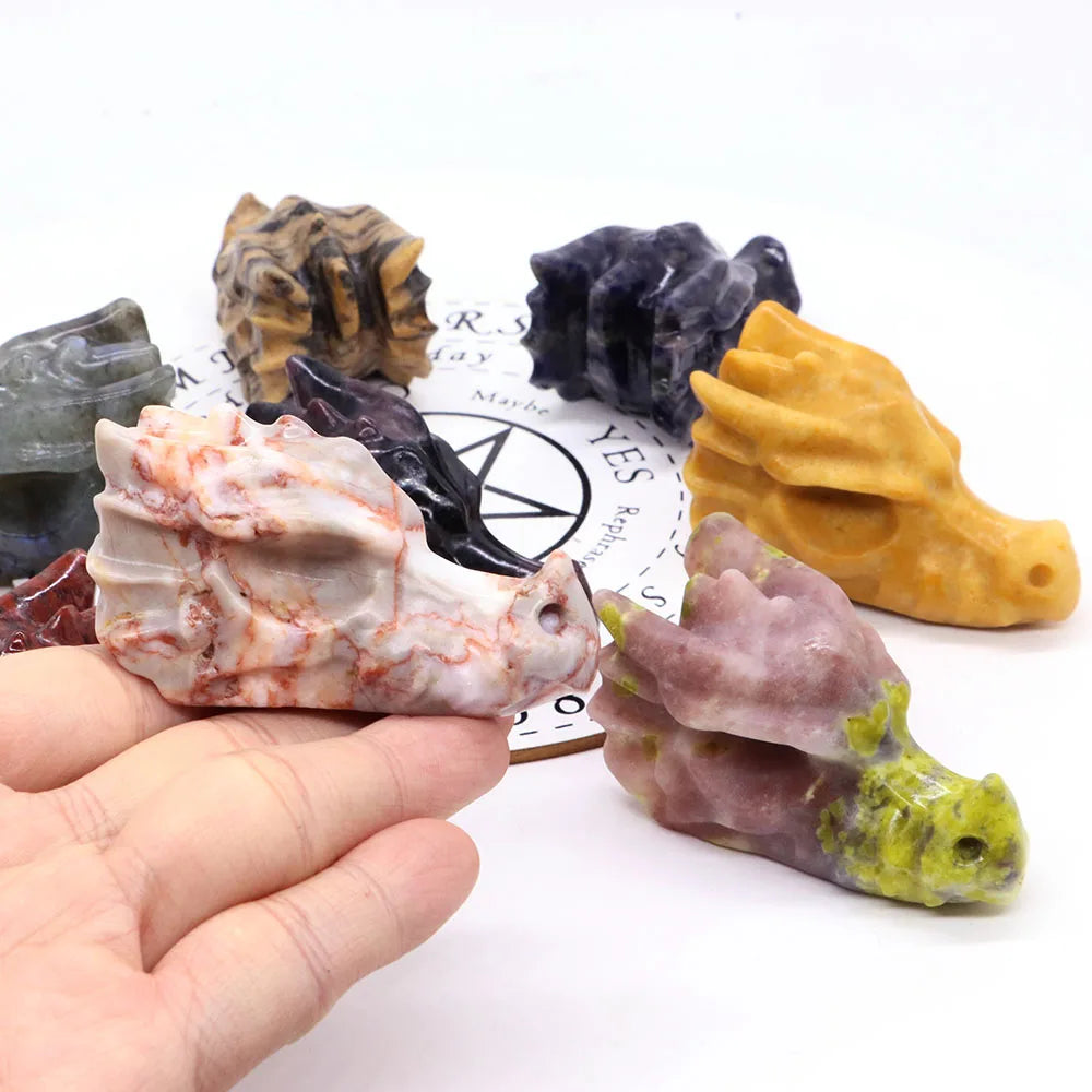 2.8" Hand Carved Natural Healing Crystal Carving Obsidian Aventurine Quartz Dragon Head Skull Figurine Crafts Gift Home Decor