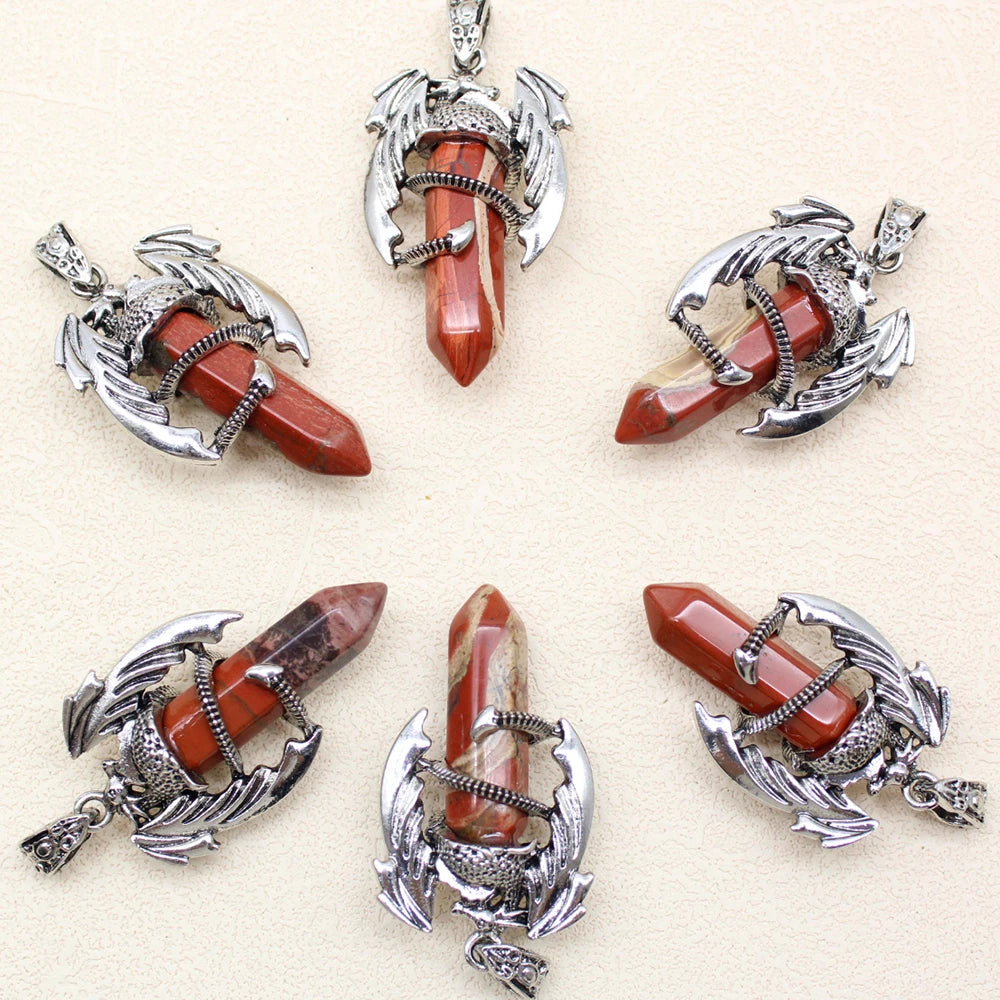 10pcs Animal Dragon Man Pendant Natural Gem Stone Healing Pink Quartz Agates Hexagonal Crystal Pendant Vintage Jewelry for Women