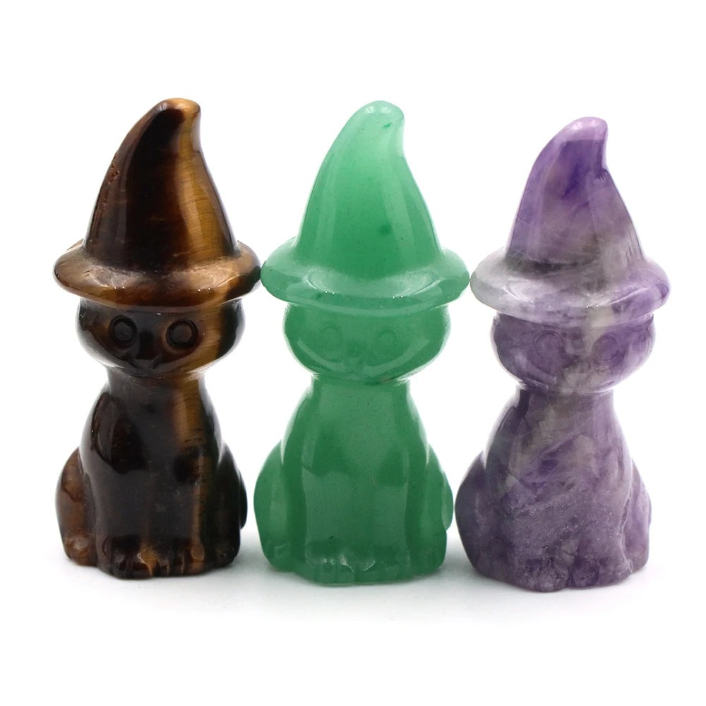 2" Natural Stone Witch Cat Statue Mysterious Cute Animal Figurine Witches Halloween Decor Desk Ornament Hand Carved Sculpture