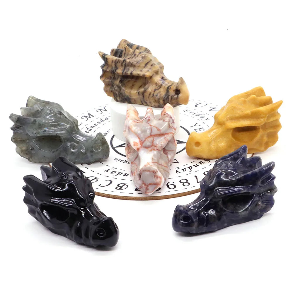 2.8" Hand Carved Natural Healing Crystal Carving Obsidian Aventurine Quartz Dragon Head Skull Figurine Crafts Gift Home Decor