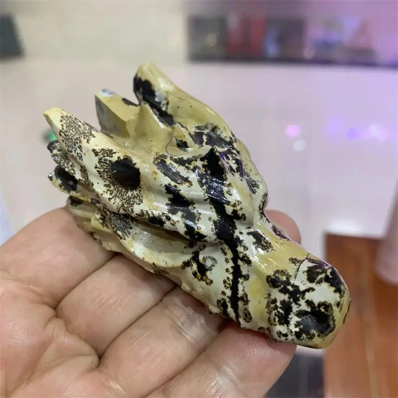 Natural Picture Stone Dragon Skull Carving Dragon Head Skull Statue Reiki Healing Stone Home Decoration 1PCS