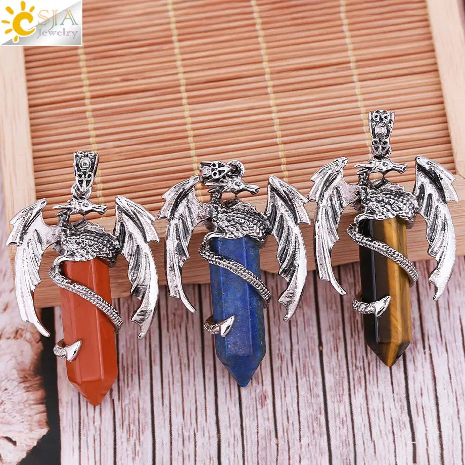 CSJA Animal Dragon Man Necklace Natural Gem Stone Healing Pink Quartz Hexagonal Crystal Pendant Vintage Jewelry for Women H012