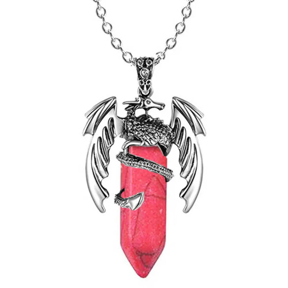 Natural Crystal Animal Dragon Pendant Pterosaur Necklace Women Men Stainless Steel Chain Hexagonal Raw Quartz Lucky Jewelry Gift