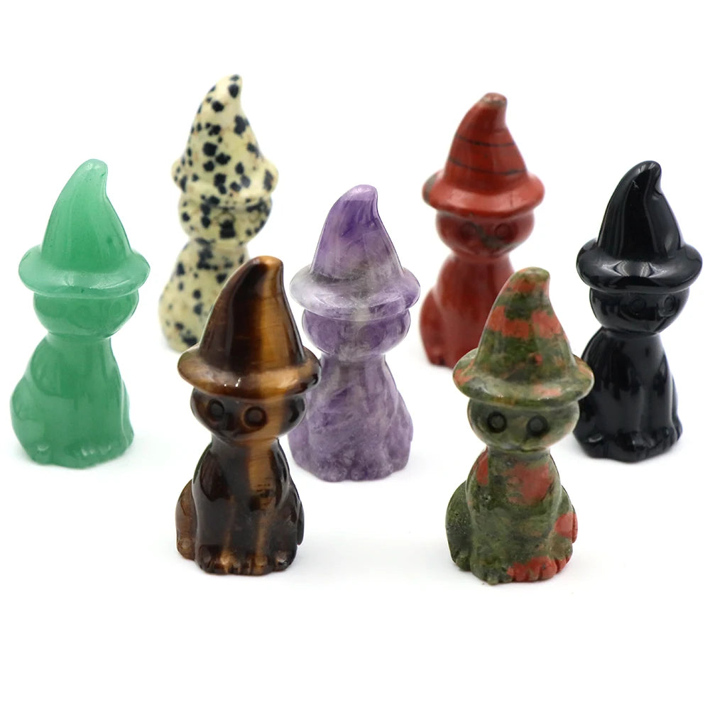 2" Natural Stone Witch Cat Statue Mysterious Cute Animal Figurine Witches Halloween Decor Desk Ornament Hand Carved Sculpture