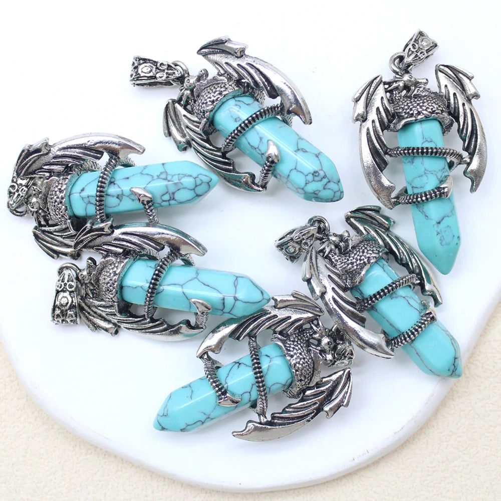 10pcs Animal Dragon Man Pendant Natural Gem Stone Healing Pink Quartz Agates Hexagonal Crystal Pendant Vintage Jewelry for Women